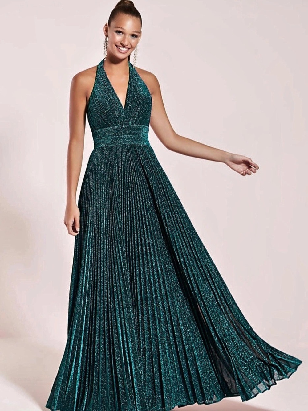 Studio 17 Pleated Metallic Halter Gown 12770 Green Size 6